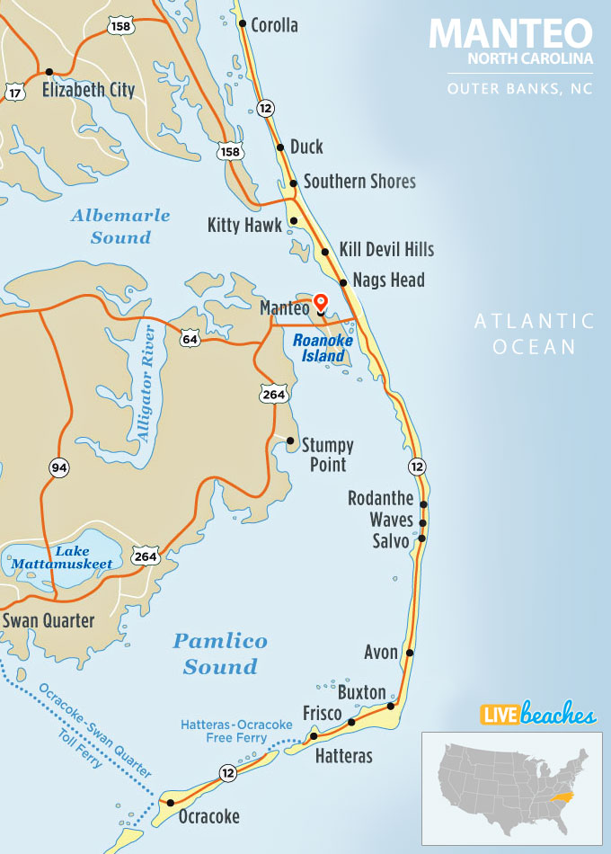 Manteo Map Roanoke Island, Outer Banks OBX