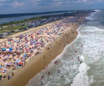 Aerial Flyover Drone Video, Misquamicut Beach in Westerly, Rhode Island